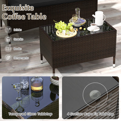 4 Pieces Rattan Sofa Set with Glass Table and Comfortable Wicker for Outdoor Patio-Black
