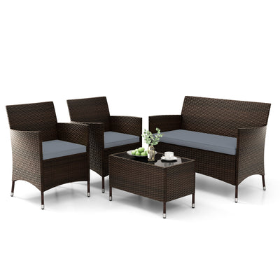 4 Pieces Comfortable Outdoor Rattan Sofa Set with Glass Coffee Table-Gray
