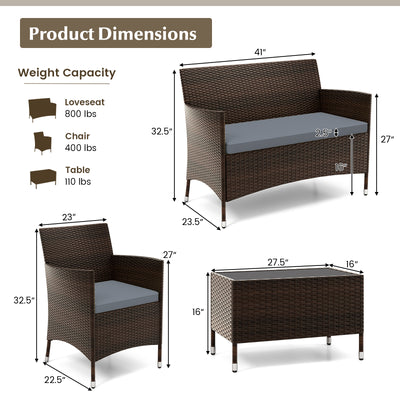 4 Pieces Comfortable Outdoor Rattan Sofa Set with Glass Coffee Table-Gray