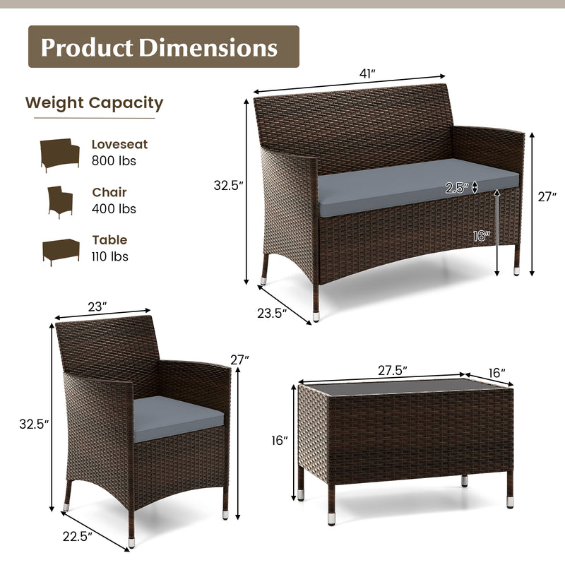 4 Pieces Comfortable Outdoor Rattan Sofa Set with Glass Coffee Table-Gray
