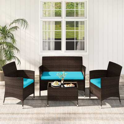 4 Pieces Comfortable Outdoor Rattan Sofa Set with Glass Coffee Table-Turquoise