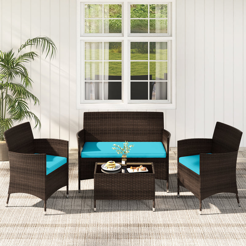 4 Pieces Comfortable Outdoor Rattan Sofa Set with Glass Coffee Table-Turquoise
