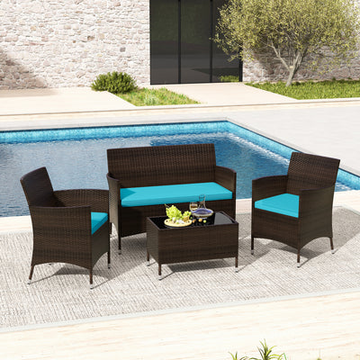 4 Pieces Comfortable Outdoor Rattan Sofa Set with Glass Coffee Table-Turquoise