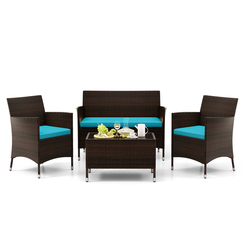 4 Pieces Comfortable Outdoor Rattan Sofa Set with Glass Coffee Table-Turquoise
