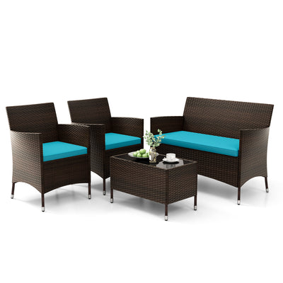4 Pieces Comfortable Outdoor Rattan Sofa Set with Glass Coffee Table-Turquoise