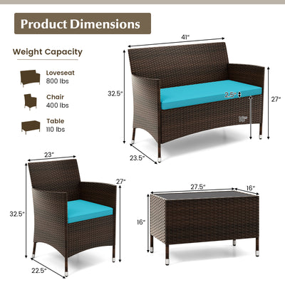 4 Pieces Comfortable Outdoor Rattan Sofa Set with Glass Coffee Table-Turquoise