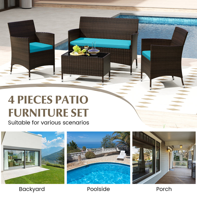 4 Pieces Comfortable Outdoor Rattan Sofa Set with Glass Coffee Table-Turquoise