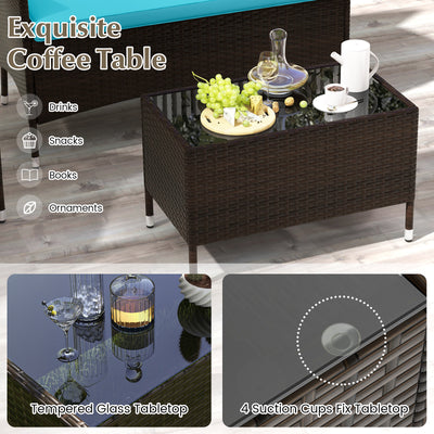4 Pieces Comfortable Outdoor Rattan Sofa Set with Glass Coffee Table-Turquoise