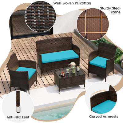 4 Pieces Comfortable Outdoor Rattan Sofa Set with Glass Coffee Table-Turquoise