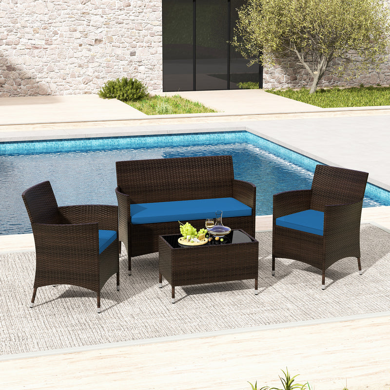 4 Pieces Comfortable Outdoor Rattan Sofa Set with Glass Coffee Table-Peacock Blue