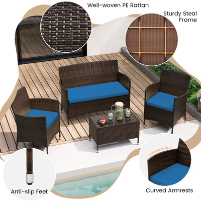 4 Pieces Comfortable Outdoor Rattan Sofa Set with Glass Coffee Table-Peacock Blue