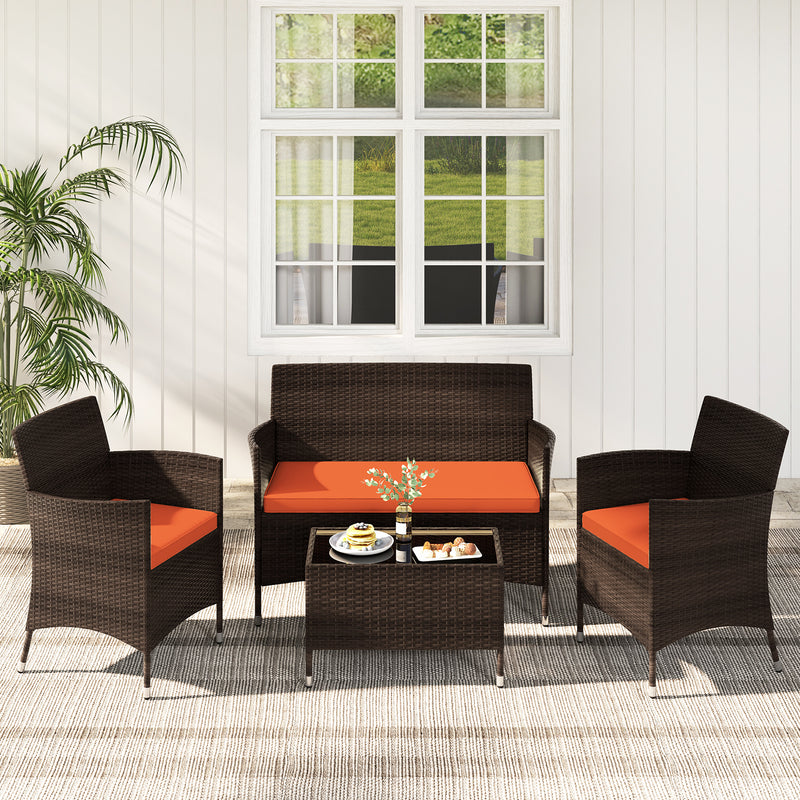 4 Pieces Comfortable Outdoor Rattan Sofa Set with Glass Coffee Table-Orange