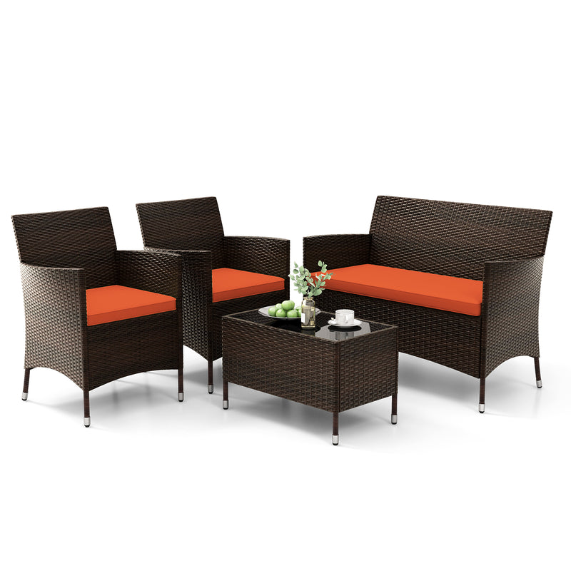 4 Pieces Comfortable Outdoor Rattan Sofa Set with Glass Coffee Table-Orange