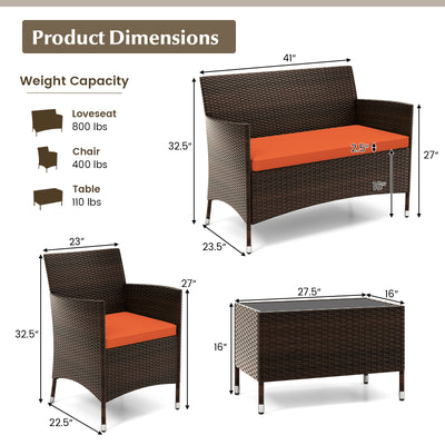 4 Pieces Comfortable Outdoor Rattan Sofa Set with Glass Coffee Table-Orange