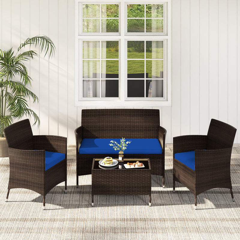 4 Pieces Rattan Sofa Set with Glass Table and Comfortable Wicker for Outdoor Patio-Navy