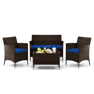 4 Pieces Rattan Sofa Set with Glass Table and Comfortable Wicker for Outdoor Patio-Navy
