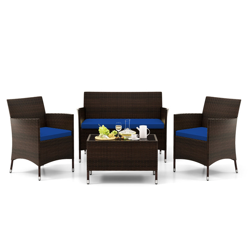 4 Pieces Rattan Sofa Set with Glass Table and Comfortable Wicker for Outdoor Patio-Navy