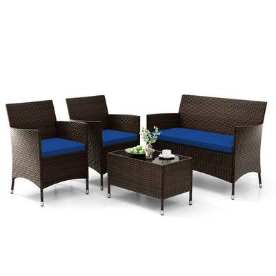 4 Pieces Rattan Sofa Set with Glass Table and Comfortable Wicker for Outdoor Patio-Navy