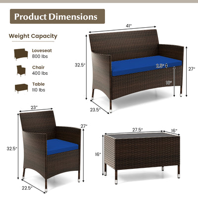 4 Pieces Rattan Sofa Set with Glass Table and Comfortable Wicker for Outdoor Patio-Navy