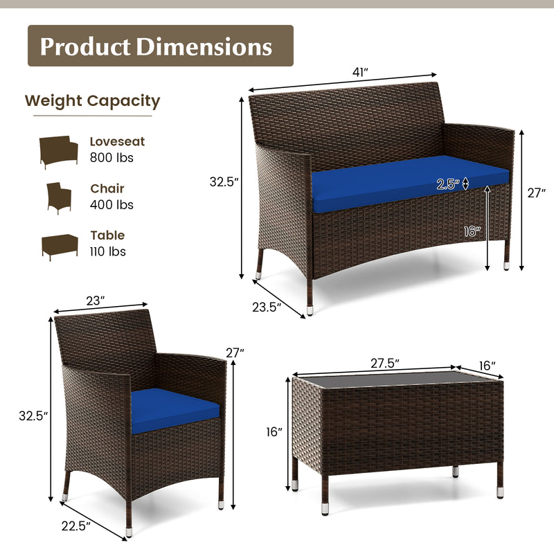 4 Pieces Rattan Sofa Set with Glass Table and Comfortable Wicker for Outdoor Patio-Navy