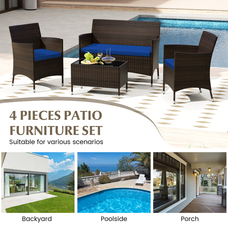 4 Pieces Rattan Sofa Set with Glass Table and Comfortable Wicker for Outdoor Patio-Navy