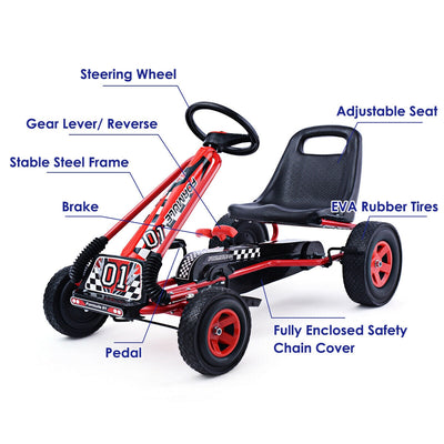 *4 Wheel Pedal Powered Ride On Car with Adjustable Seat - Red