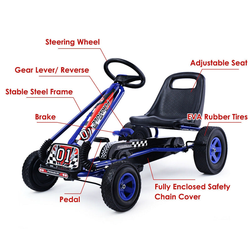*4 Wheel Pedal Powered Ride On Car with Adjustable Seat - Blue