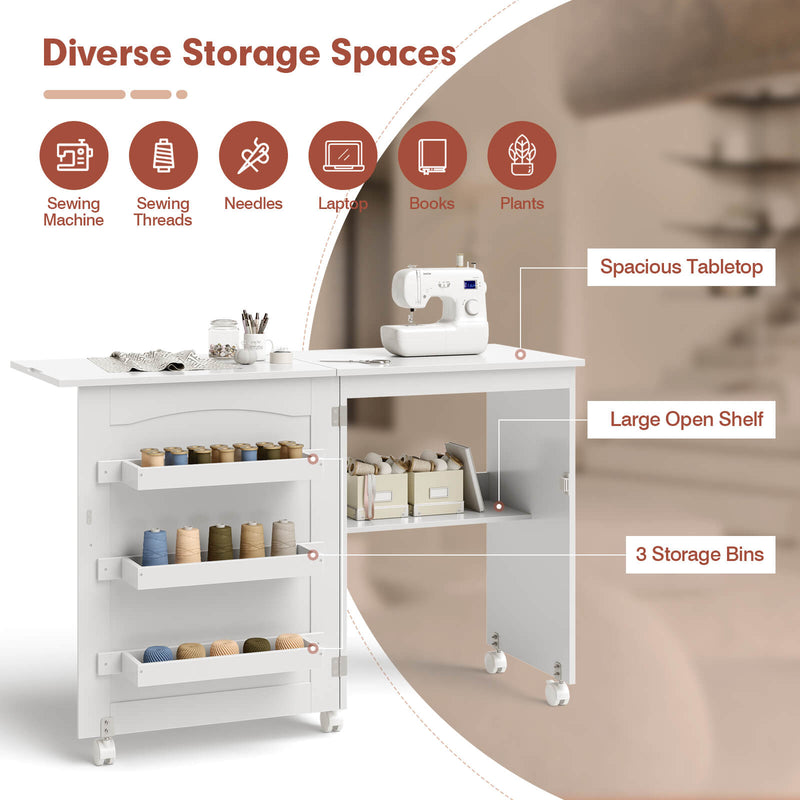 backorderd - *Folding Sewing Craft Table Shelf Storage Cabinet Home Furniture - White