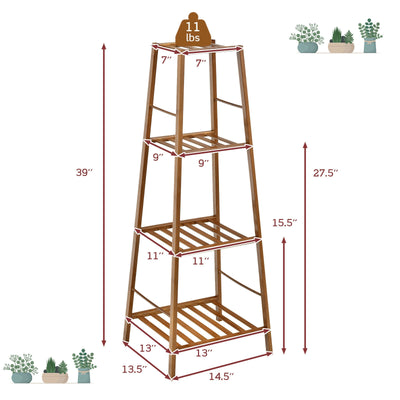 4-Potted Bamboo Tall Plant Holder Stand-Brown