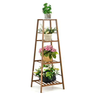 4-Potted Bamboo Tall Plant Holder Stand-Brown
