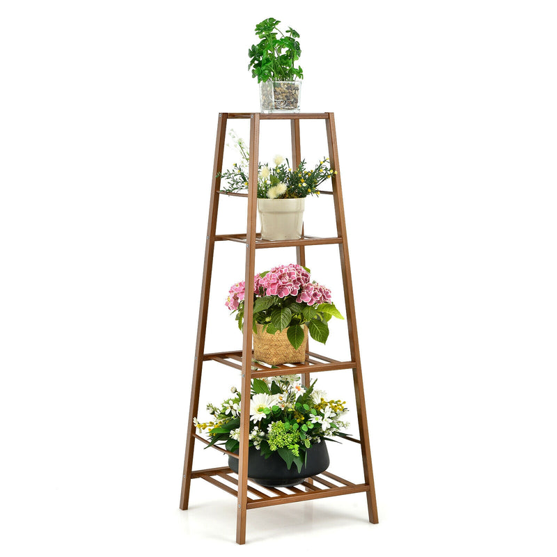 4-Potted Bamboo Tall Plant Holder Stand-Brown