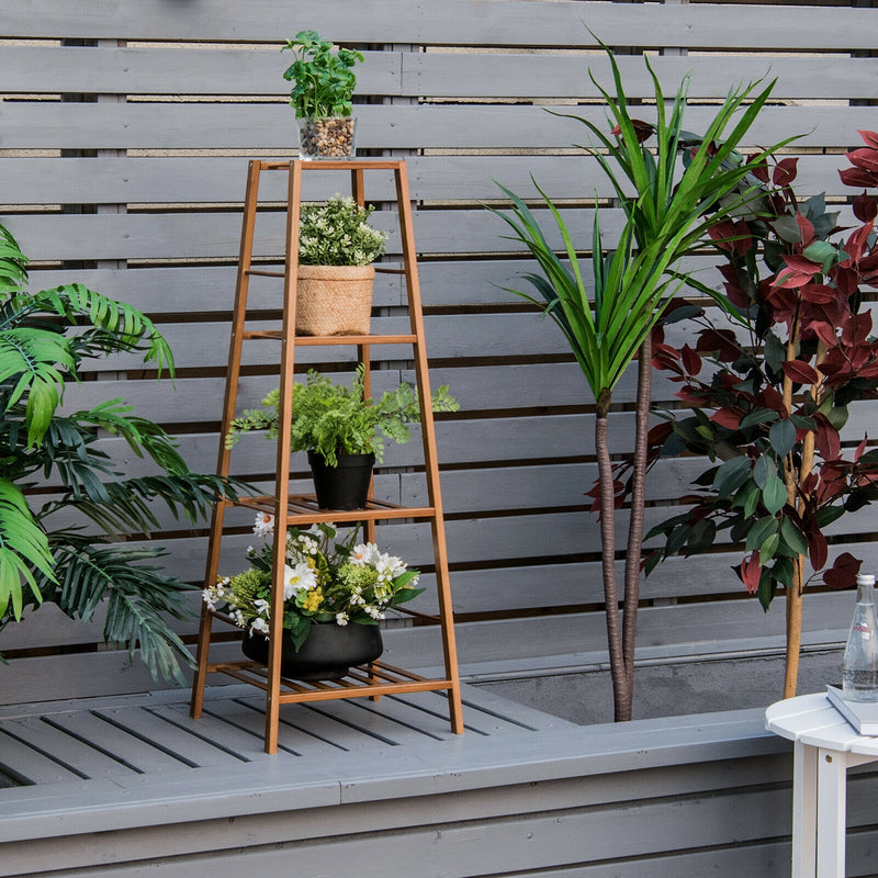 4-Potted Bamboo Tall Plant Holder Stand-Brown