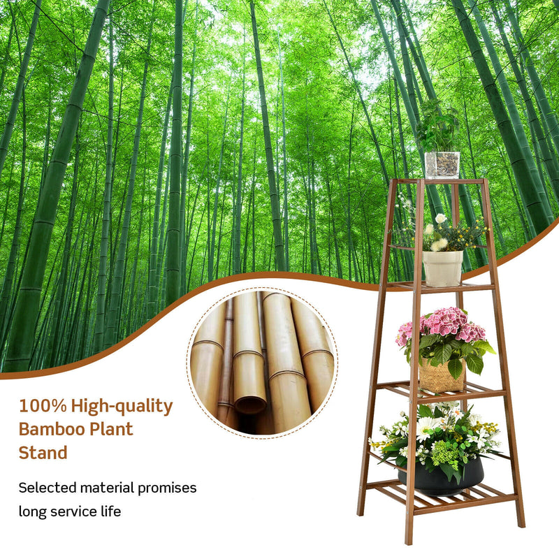 4-Potted Bamboo Tall Plant Holder Stand-Brown