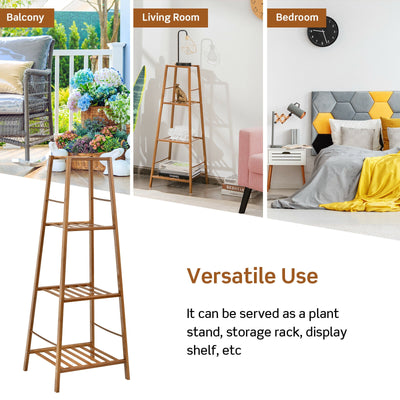 4-Potted Bamboo Tall Plant Holder Stand-Brown