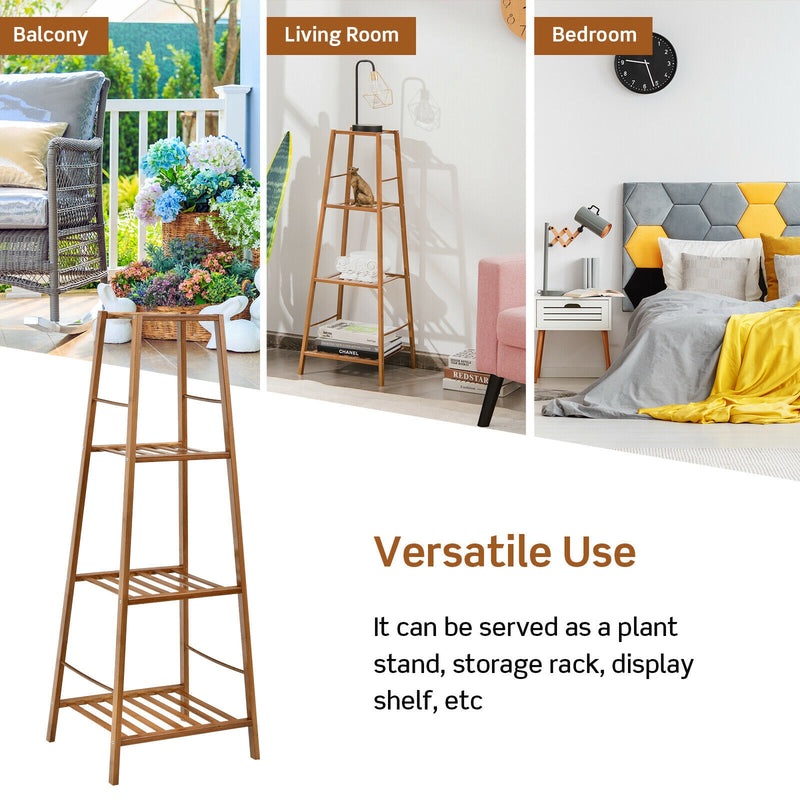 4-Potted Bamboo Tall Plant Holder Stand-Brown