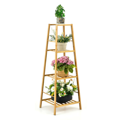 4-Potted Bamboo Tall Plant Holder Stand-Natural