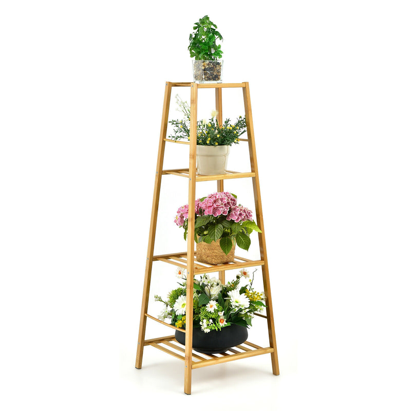 4-Potted Bamboo Tall Plant Holder Stand-Natural