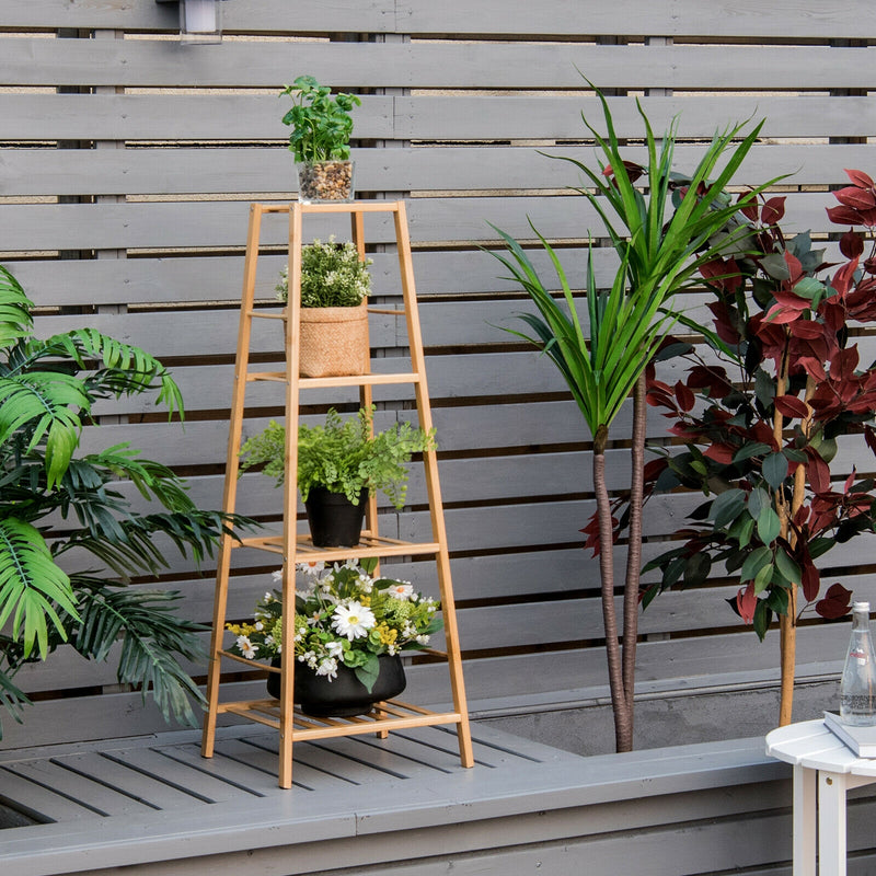 4-Potted Bamboo Tall Plant Holder Stand-Natural