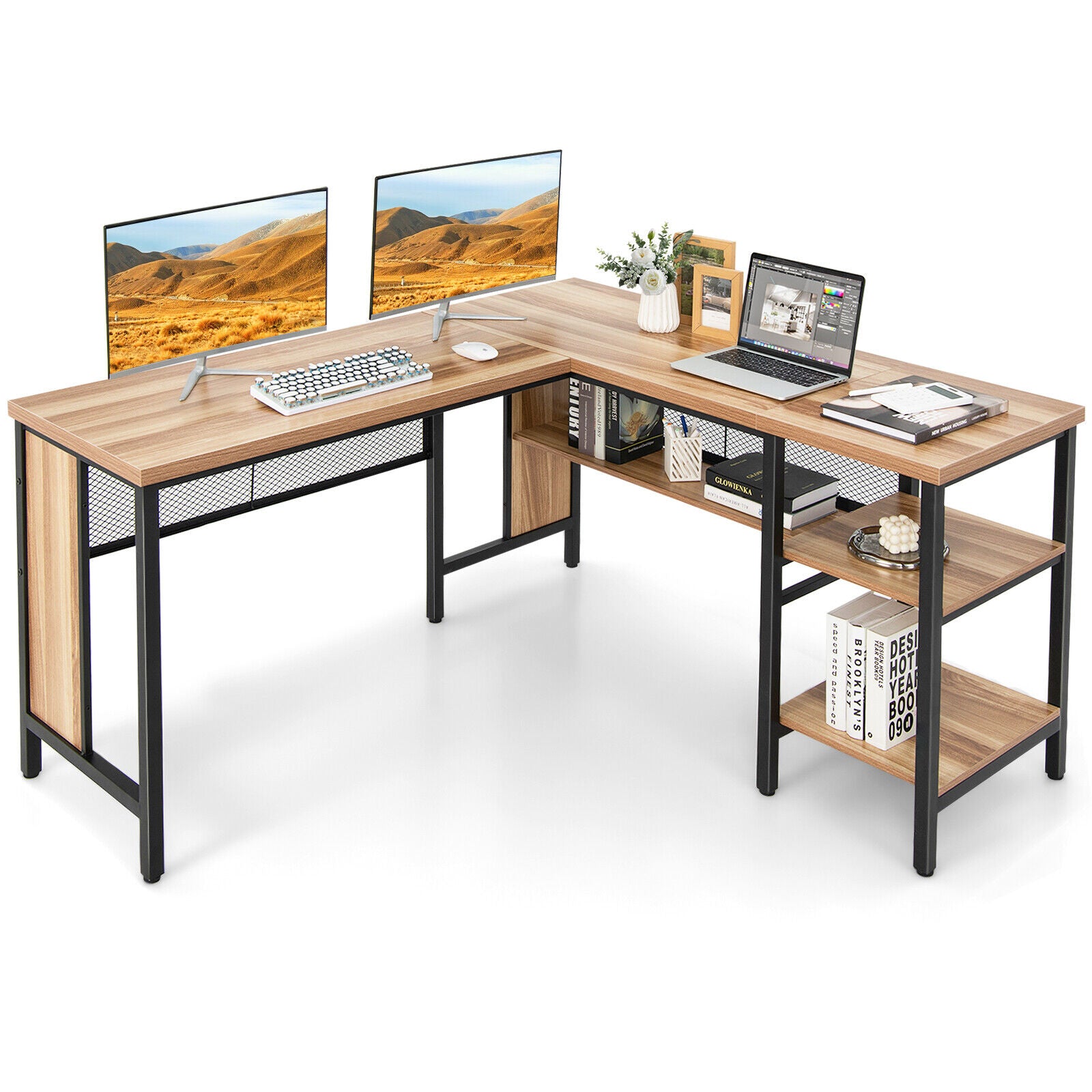 Stora Computer Industrial L-Shaped Corner Computer Desk Office Workstation with Stora