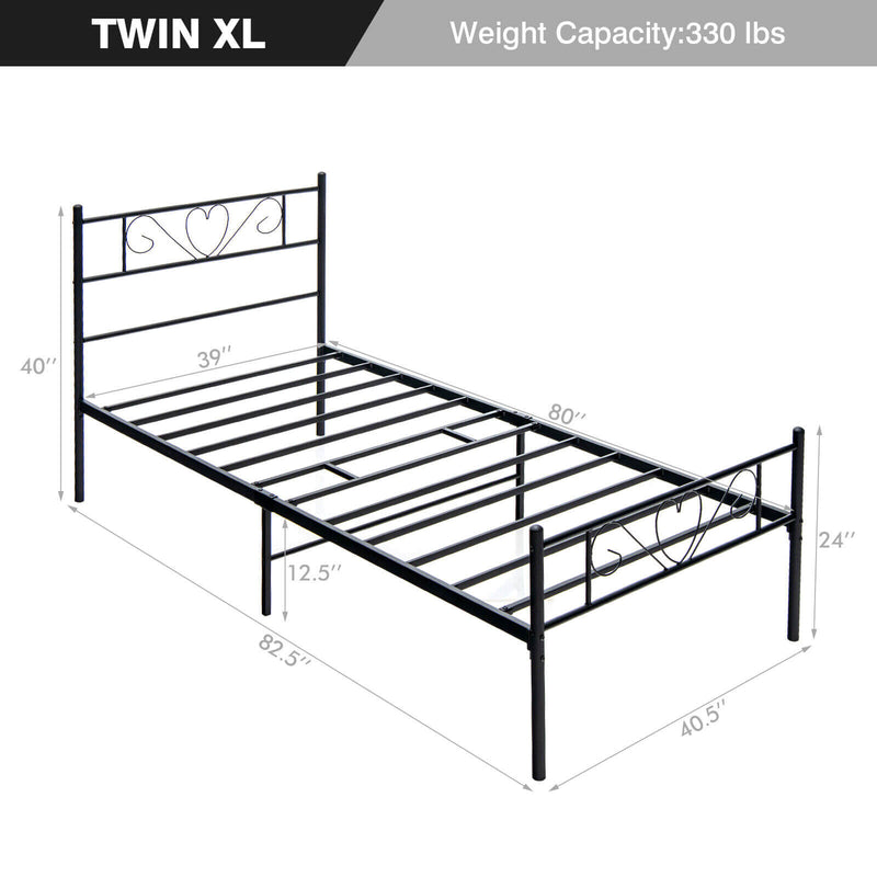 Twin XL Metal Bed Frame with Heart-shaped Headboard-Black