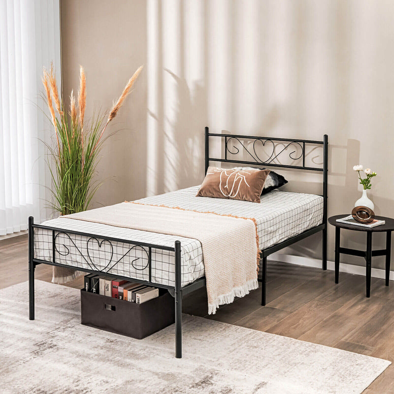 Twin XL Metal Bed Frame with Heart-shaped Headboard-Black