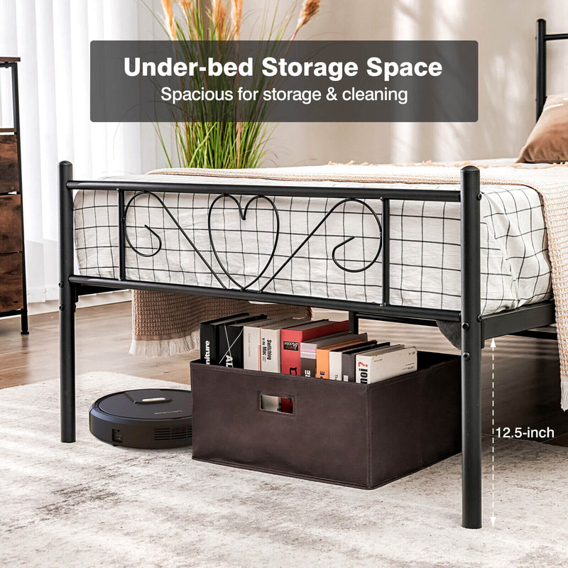Twin XL Metal Bed Frame with Heart-shaped Headboard-Black
