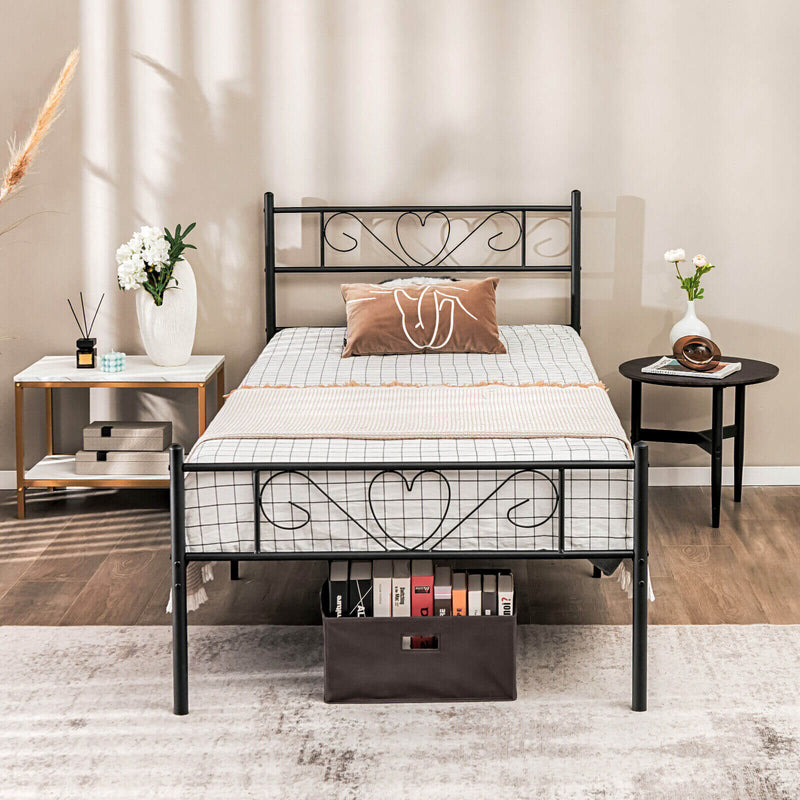 Twin XL Metal Bed Frame with Heart-shaped Headboard-Black