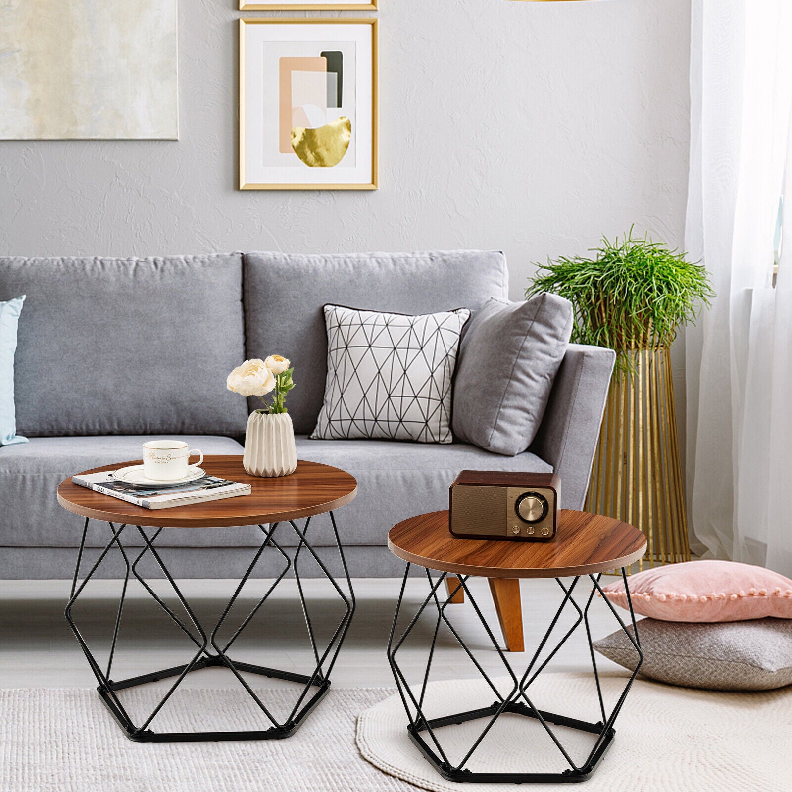 Set of 2 Modern Round Coffee Table with Pentagonal Steel Base-Rustic B