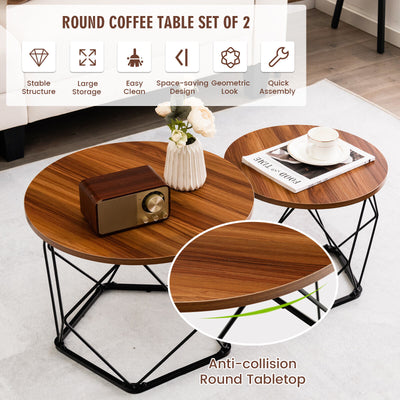 Set of 2 Modern Round Coffee Table with Pentagonal Steel Base-Rustic Brown
