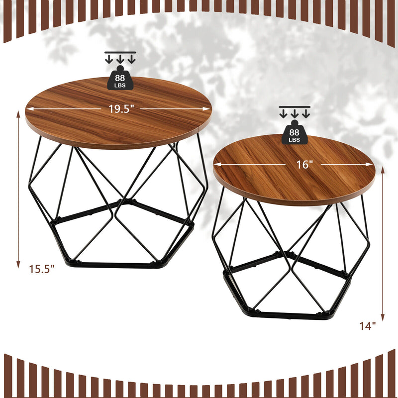Set of 2 Modern Round Coffee Table with Pentagonal Steel Base-Rustic Brown