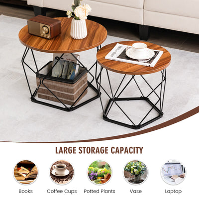Set of 2 Modern Round Coffee Table with Pentagonal Steel Base-Rustic Brown