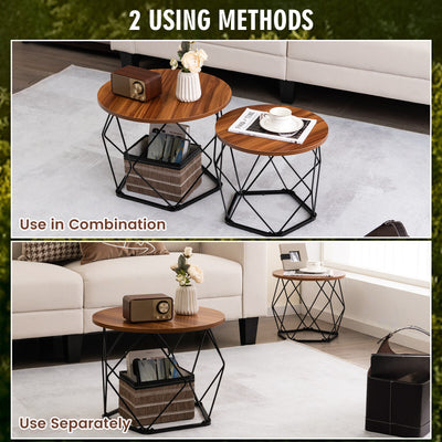 Set of 2 Modern Round Coffee Table with Pentagonal Steel Base-Rustic Brown