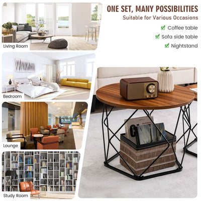 Set of 2 Modern Round Coffee Table with Pentagonal Steel Base-Rustic Brown