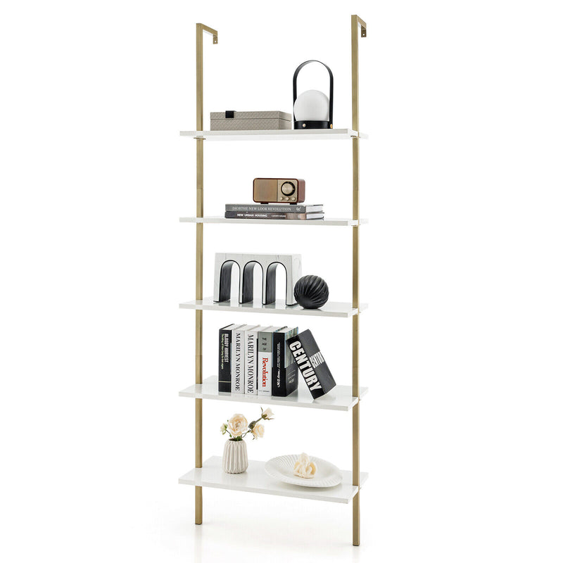 5 Tier Ladder Shelf Wall-Mounted Bookcase with Steel Frame-Golden